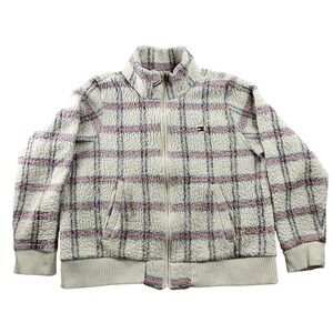 Tommy Hilfiger Jacket Womens Large White Plaid Sherpa Fleece Long‎ Sleeve Zip-Up